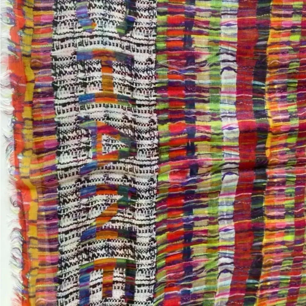 Auth Chanel Multicolor Cashmere Modal Silk Blend Striped Wrap Shawl Stole Scarf